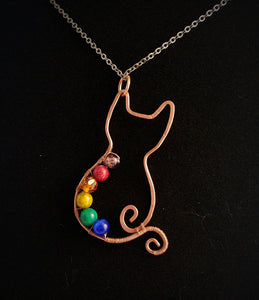 Rainbow beaded Copper Kitty Pendant