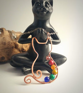 Rainbow beaded Copper Kitty Pendant