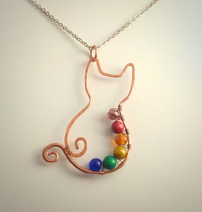 Rainbow beaded Copper Kitty Pendant