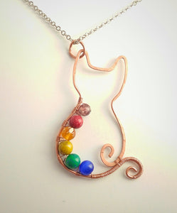 Rainbow beaded Copper Kitty Pendant