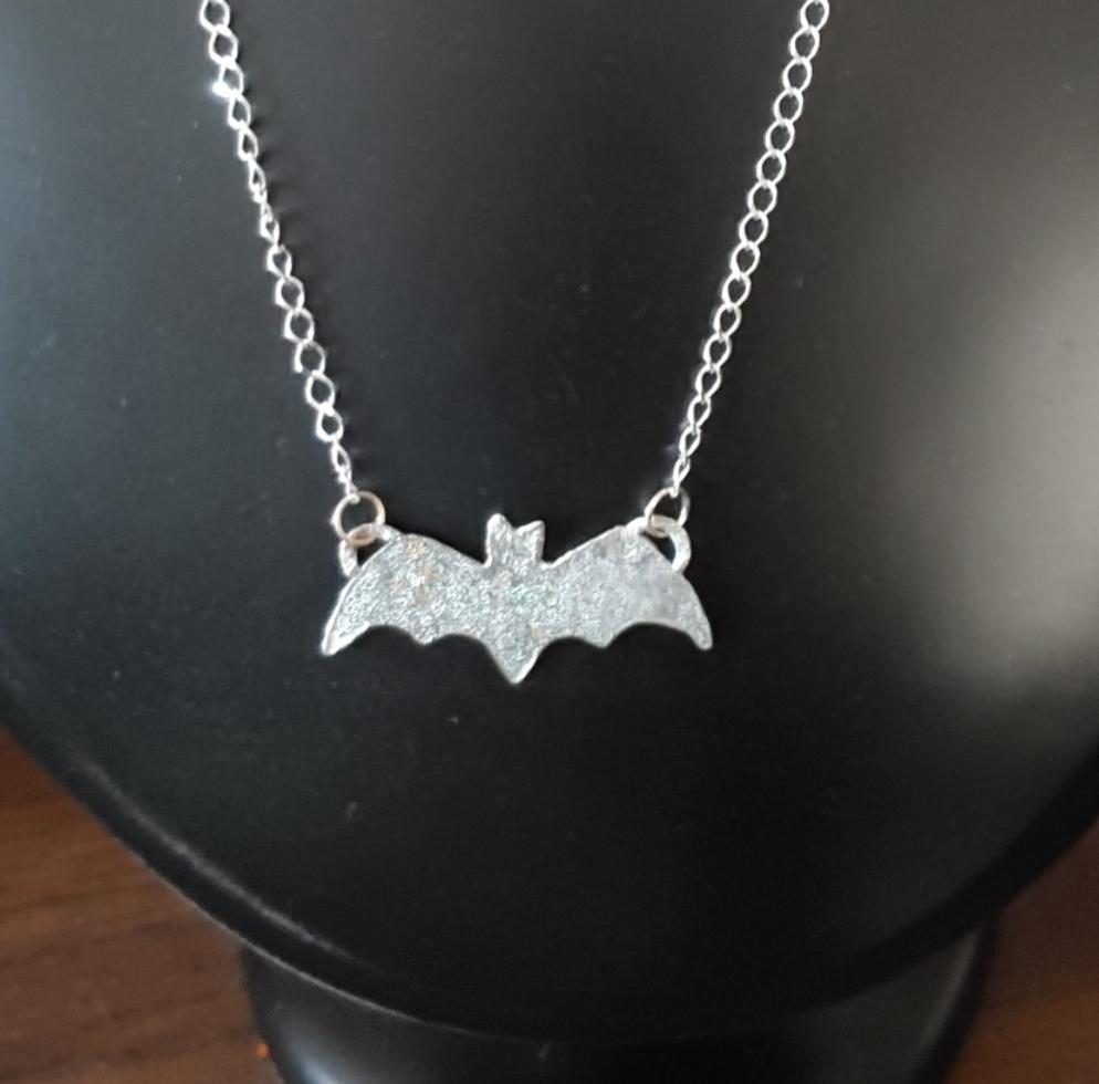 Batty Bat Necklace Textured Sterling Silver