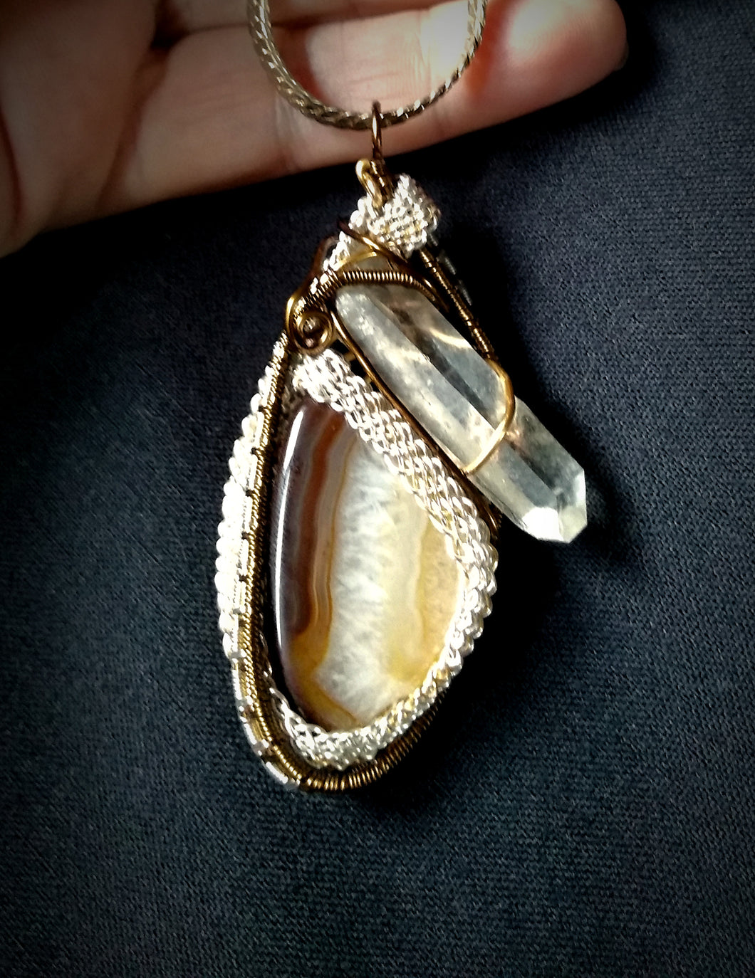 Root-Beer Float Agate and Quartz Crystal Pendant
